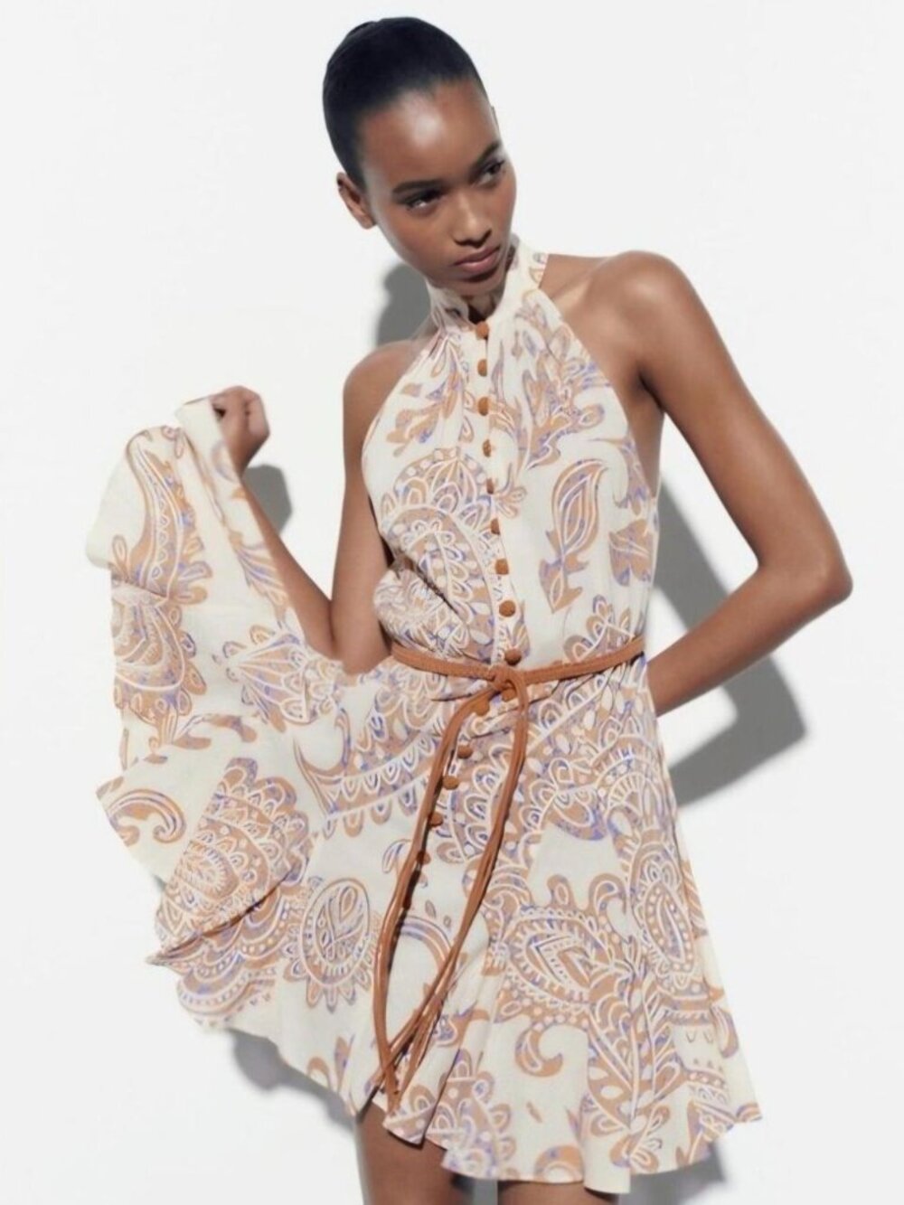NWOT Zara Belted Paisley Printed Halter Mini Dress Tan Cream size Small - Picture 7 of 7